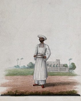 A servant carrying a serving dish. Watercolour by an Indian artist.
