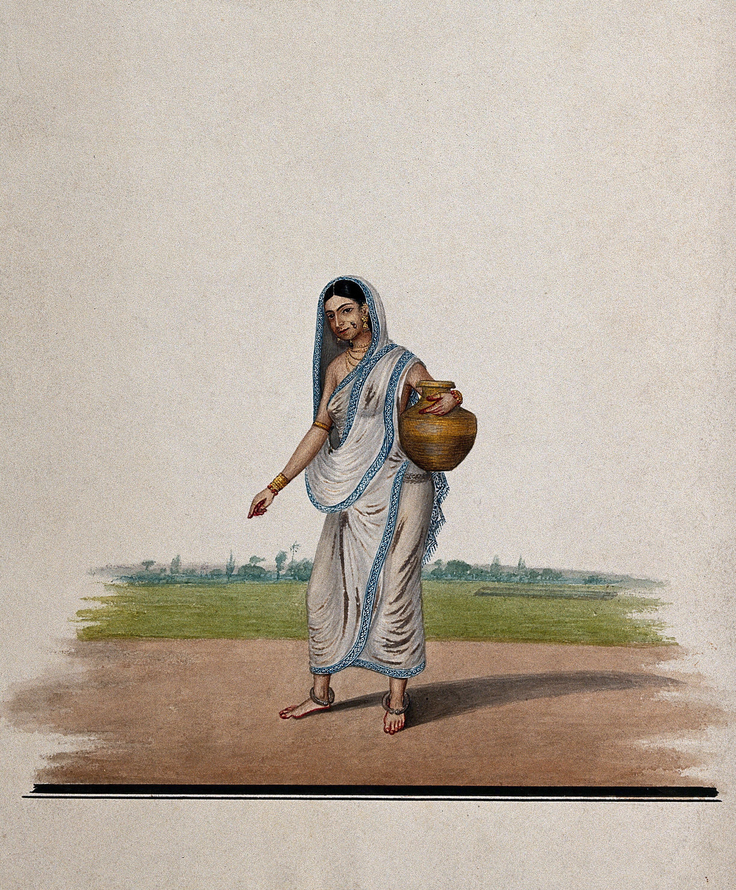 A Woman Carrying A Brass Utensil Watercolour By An Indian Artist