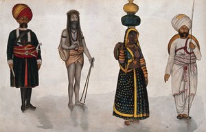 view Four occupations: messenger, sanyasi, water carrier and guard (?). Gouache painting by an Indian painter.