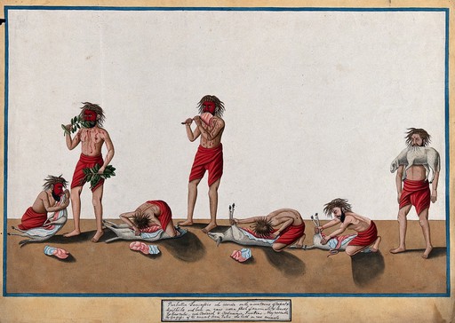 Different stages of a Purbuttia sanyasi eating the raw warm flesh of a lamb and some leaves. Gouache painting by an Indian artist.
