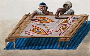 view Two men doing embroidery on a piece of cloth. Gouache painting by an Indian artist.