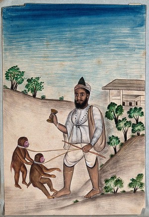 view A street entertainer makes two monkeys on a lead, dance to music as part of an act. Gouache painting by an Indian artist.