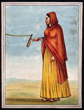 A woman holding a tool to grind (?) which is tied to a rope. Gouache painting by an Indian artist.
