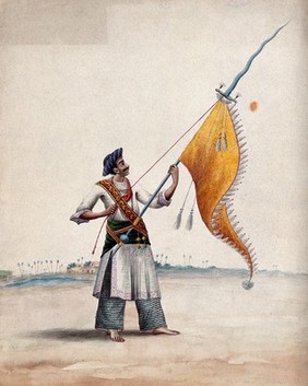 A man holding an elaborate pennant on a wavy pikestaff. Gouache painting by an Indian artist.