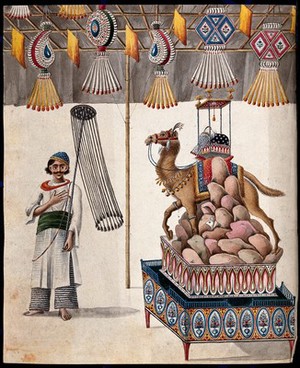 view A man carrying a ceremonial object stands next to a tableau of rocks, a camel, decorated headgear and other animals set on an ornate base. Gouache painting by an Indian artist.