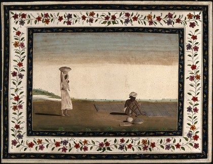 A brick layer laying bricks, helped by a woman carring a basket of cement on her head. Gouache painting by an Indian artist.