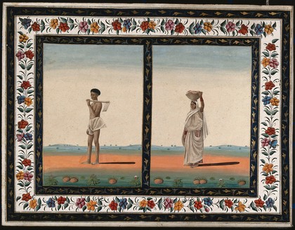 Left, a male labourer holding a spade over his shoulder; right, a female labourer carrying a basket of stones on her head. Gouache painting by an Indian artist.