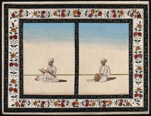 view Left, an artist paints a picture; right, a book binder at work. Gouache painting by an Indian artist.