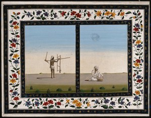 view Left, a worker carrying some equipment (?); right, a knife sharpener, sharpening a knife. Gouache painting by an Indian artist.