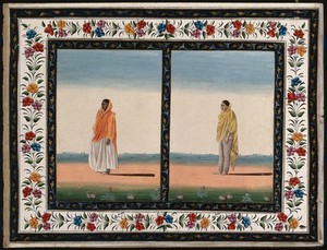 view Two Indian women dressed in different costumes. Gouache painting by an Indian artist.