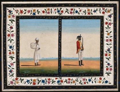 Left, a dhobi (washer man) (?) holding a bundle tied in cloth; right, a sepoy (soldier) holding a sword. Gouache painting by an Indian artist.