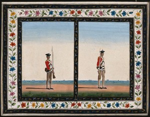 view Two sepoys (native soldiers) holding their rifles. Gouache painting by an Indian artist.