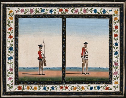 Two sepoys (native soldiers) holding their rifles. Gouache painting by an Indian artist.