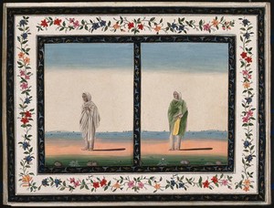 view Two Indian women dressed in different clothes. Gouache painting by an Indian artist.