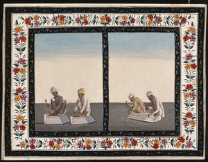 view Two pairs of stone masons working with chisels and hammers. Gouache painting by an Indian artist.