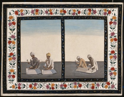 Two pairs of stone masons working with chisels and hammers. Gouache painting by an Indian artist.