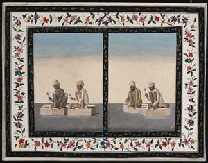 view Two pairs of stonemasons working with a chisel and hammer. Gouache painting by an Indian artist.