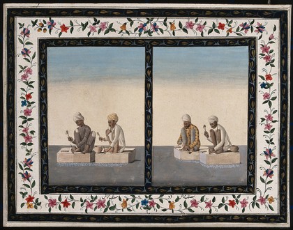 Two pairs of stonemasons working with a chisel and hammer. Gouache painting by an Indian artist.