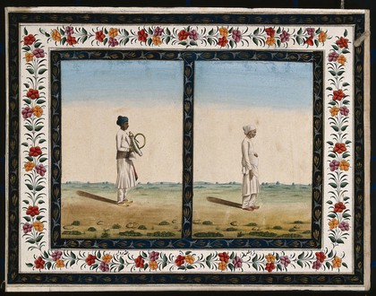 Left, an attendant holding a hookah; right, an old man. Gouache painting by an Indian artist.