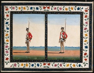 view Two sepoys (soldiers) in British uniform. Gouache painting by an Indian artist.