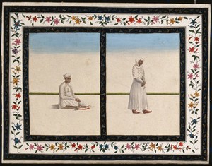 view Left, a calligrapher; right, a man wearing traditional clothes from Lucknow. Gouache painting by an Indian artist.