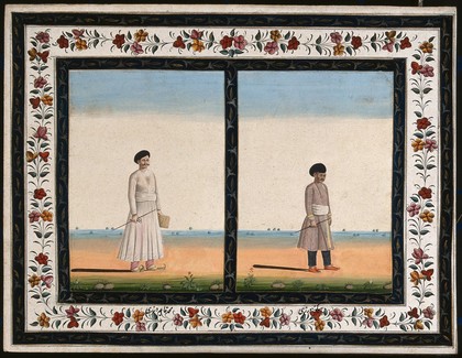 Two cloth-sellers (?), each carrying a stick and a pair of scissors. Gouache painting by an Indian artist.