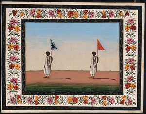 view Two men carrying a sword and a backpack with a pennant. Gouache painting by an Indian artist.