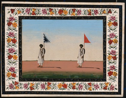 Two men carrying a sword and a backpack with a pennant. Gouache painting by an Indian artist.