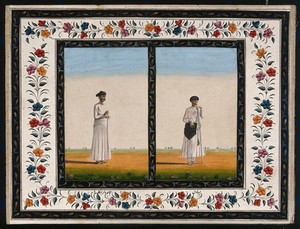 view Two Indian officials each standing with a tall stick. Gouache painting by an Indian artist.