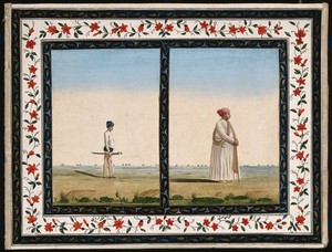 view Left, a sepoy (native soldier); right, a official holding an stick. Gouache painting by an Indian artist.