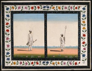 view Left, an attendant carrying a rose water sprinkler (?); right, a man holding an unidentified instrument. Gouache painting by an Indian artist.