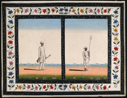 Left, an attendant carrying a rose water sprinkler (?); right, a man holding an unidentified instrument. Gouache painting by an Indian artist.