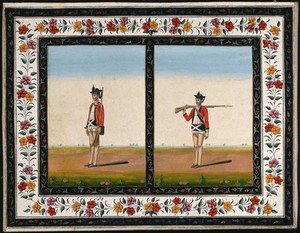view Two sepoys in British uniform: (left) standing to attention, (right) shouldering arms. Gouache painting by an Indian artist.