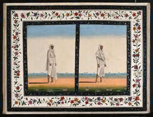 view Two Indian men, one holding a key and the other a pen and ink (?). Gouache painting by an Indian artist.