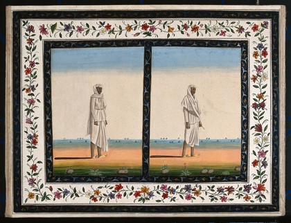 Two Indian men, one holding a key and the other a pen and ink (?). Gouache painting by an Indian artist.