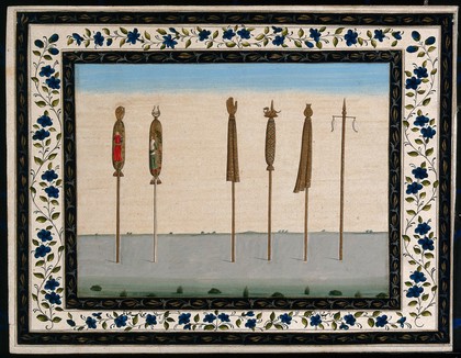 Five pennants, furled, and a pole without a pennant. Gouache painting by an Indian artist.