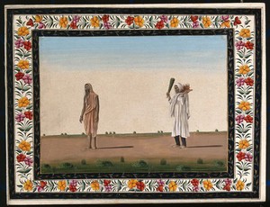 view Two Indian women: (left) wearing pink robes and (right) holding a model of a temple and a peacock-feather fan. Gouache painting by an Indian artist.