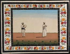 view Two Indian men: (left) holding a tambourine, (right) holding a hookah. Gouache painting by an Indian artist.