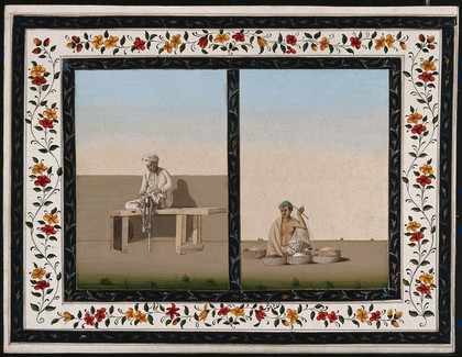 Two Indian men: (left) operating a lathe and (right) weighing rice (?) for sale. Gouache painting by an Indian artist.