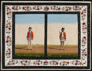 view Two sepoys, holding swords. Gouache painting by an Indian artist.