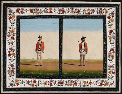 Two sepoys, holding swords. Gouache painting by an Indian artist.