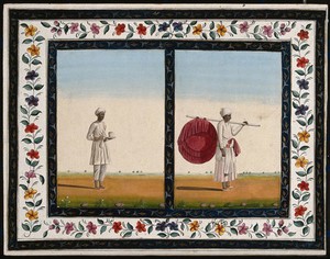 view Two Indian men: (left) bringing a cup of tea or other drink, and (right) holding a large purple fan or canopy on a pole. Gouache painting by an Indian artist.