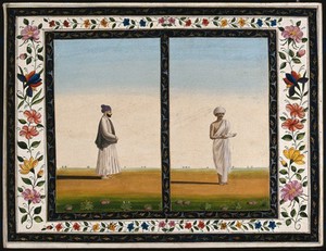 view Two Indian men: (left) wearing a mauve turban, in profile to right, and (right) holding poultry on a ceramic dish. Gouache painting by an Indian artist.