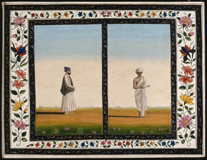 Two Indian men: (left) wearing a mauve turban, in profile to right, and (right) holding poultry on a ceramic dish. Gouache painting by an Indian artist.
