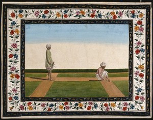 view Two Indian men (gardeners?): (left) standing, holding an instrument, and (right) squatting, trimming the edge of a lawn. Gouache painting by an Indian artist.