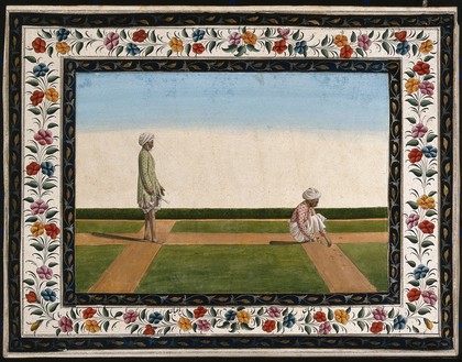 Two Indian men (gardeners?): (left) standing, holding an instrument, and (right) squatting, trimming the edge of a lawn. Gouache painting by an Indian artist.