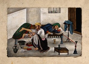 view A surgeon, sitting on the floor, attends to a patient's leg, as he lies on a bed. Gouache painting by an Indian artist, ca. 1825.