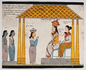 view The representative of the people of Jetuttara requests Prince Vessantara to leave the city. Watercolour.