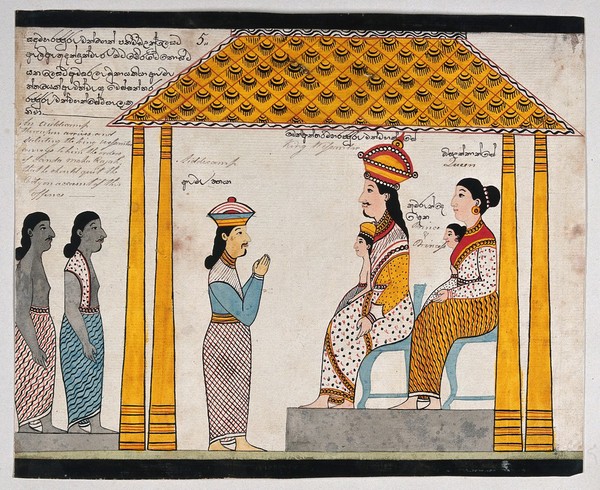 The representative of the people of Jetuttara requests Prince Vessantara to leave the city. Watercolour.