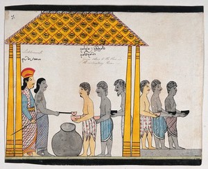 view The representative of the people of Jetuttara gives alms to the poor in the victualling rooms. Watercolour.